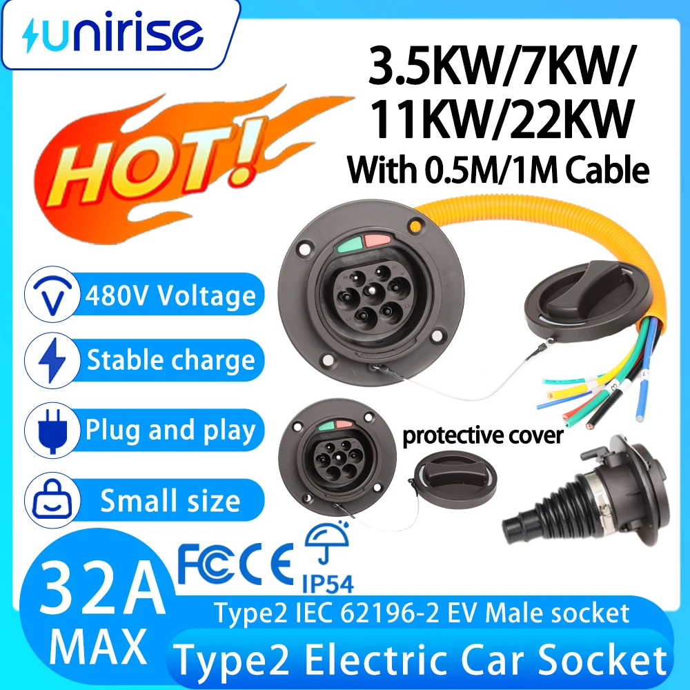 

Разъем для зарядки электромобилей Type2 16A 32A 7KW, одинарный или трехфазный, с кабелем длиной 0,5 м IEC 62196 для стандартного стандарта ЕС, розетка для электромобиля типа 2