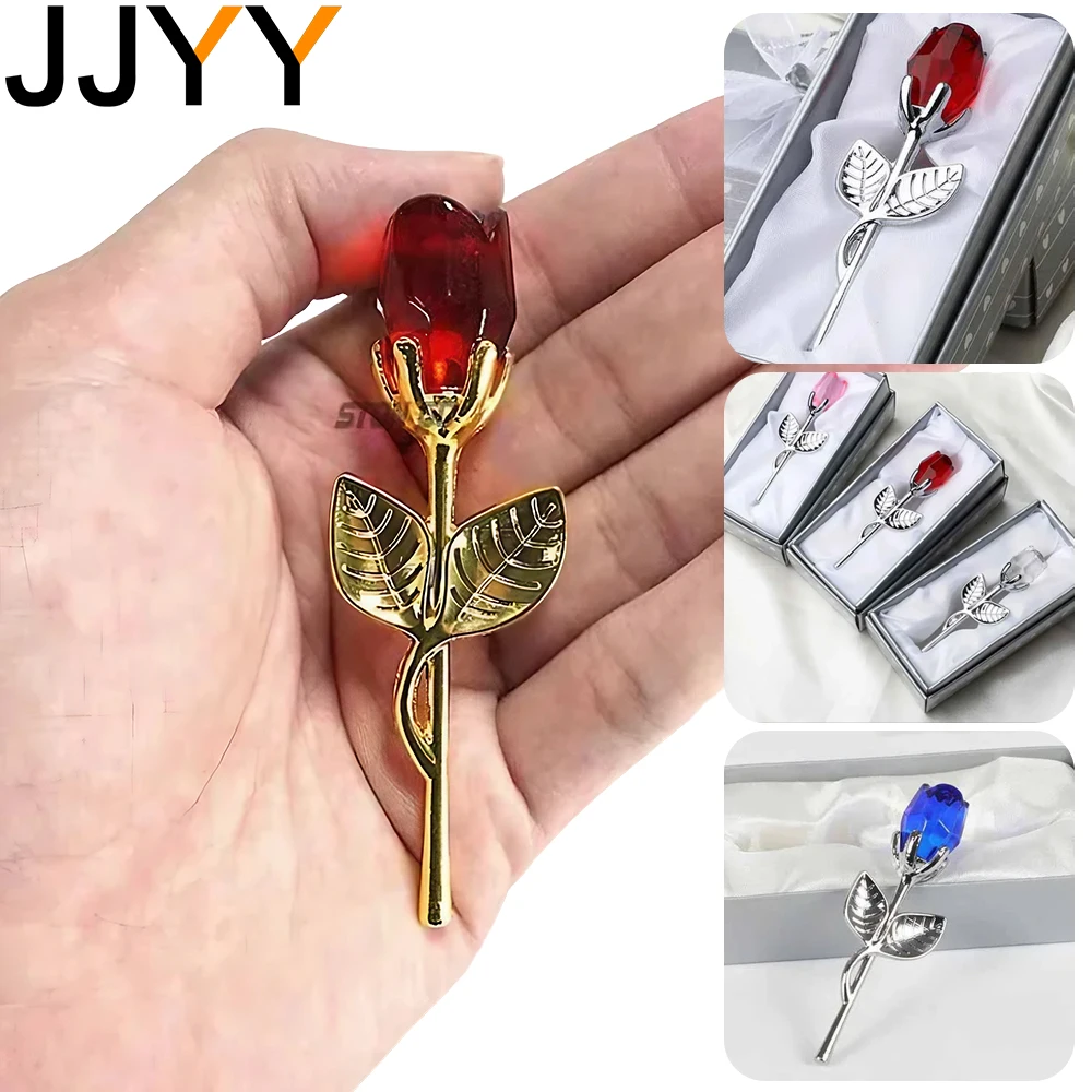 JJYY Artificial Flowers Craft Glass Crystal Rose Statue Valentine's Day Gift Souvenirs Wedding Ornaments Decoration