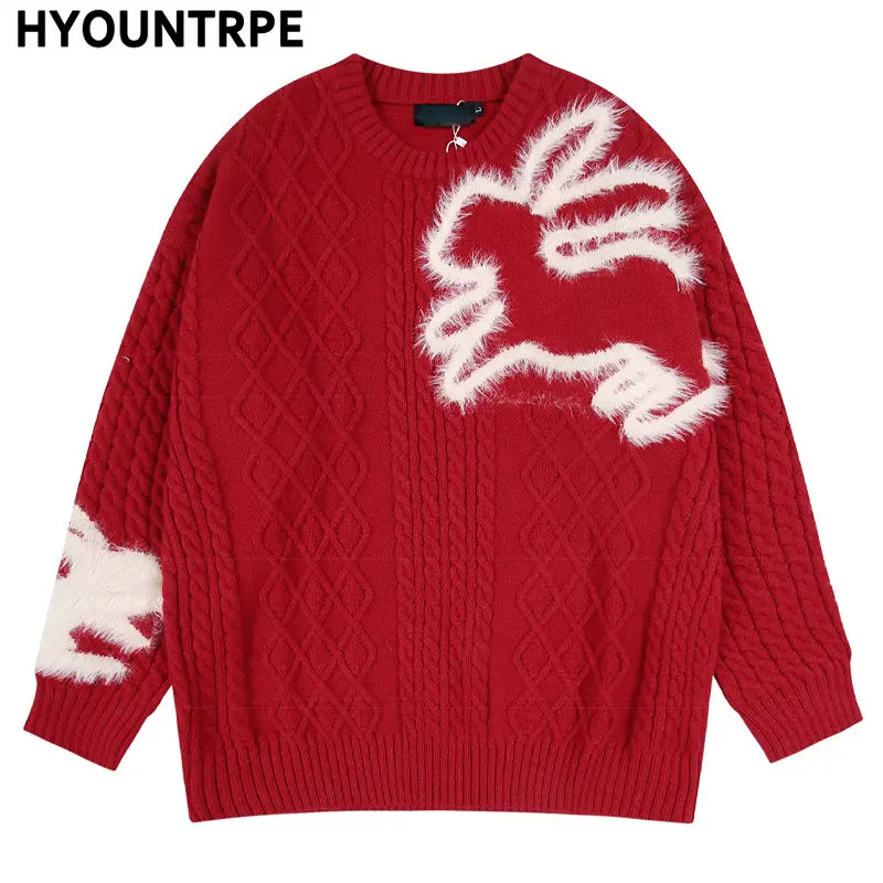 Mens Streetwear Cable Sweater 2023 Fashion Rabbit Pattern Hip Hop Knitted Sweater Pullover Casual Cotton Sweater Unisex Clothes