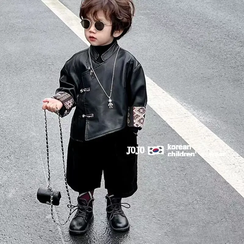 Autumn Winter Fashion Children Casual Windbreaker Leather Jacket Kids Boys Black Motorcycle+Pants Trench Coat Outerwear Clothes