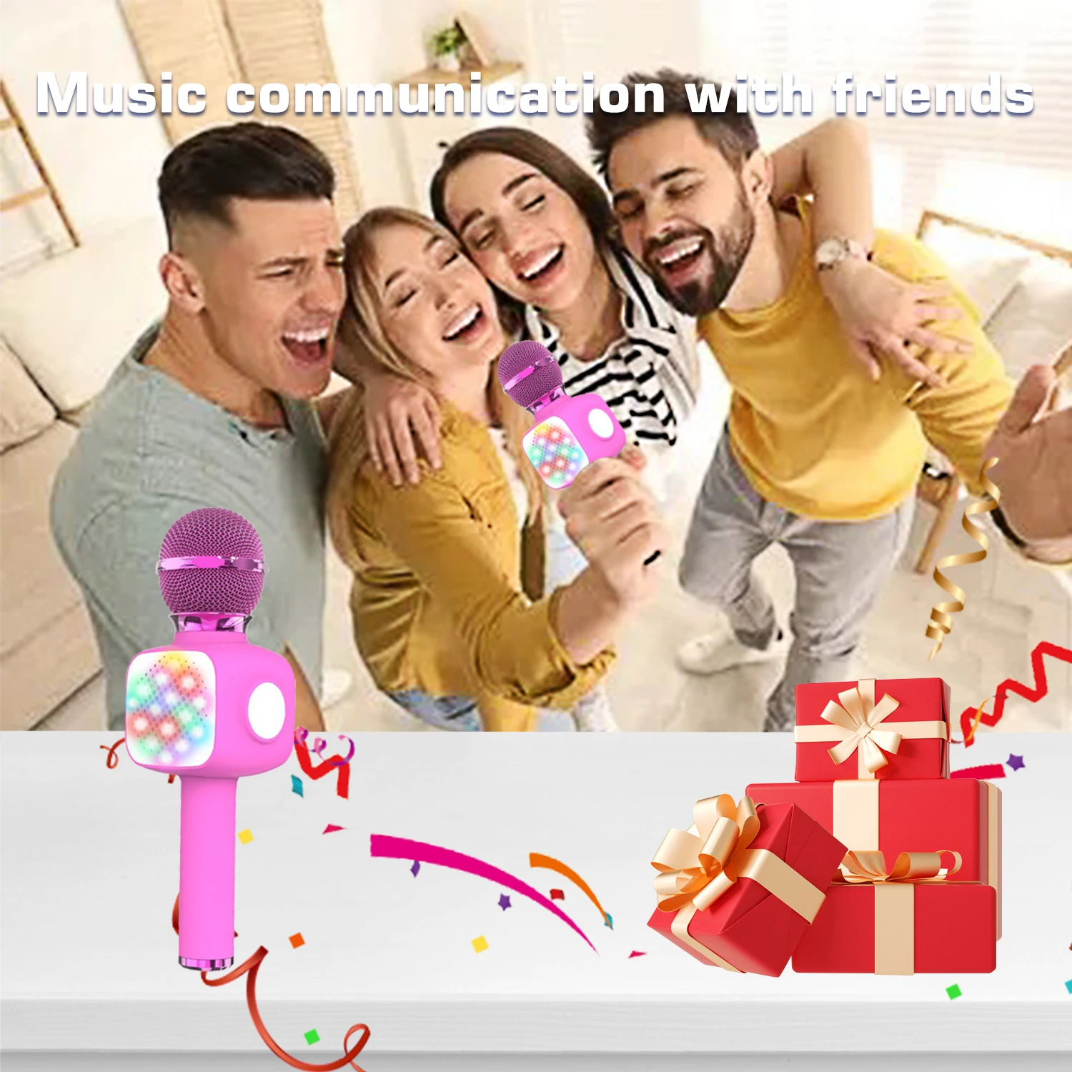 Bluetooth Wireless Karaoke Microphone with LED Lights,4-in-1 Portable Handheld Mic for Singing Home Party Birthday Gift for Kids