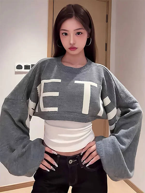 

Korean Sle Simple Extra Large Sve Letter Print Casual ort Knitted Sweater Women's ey Design Sense Knitwear Top