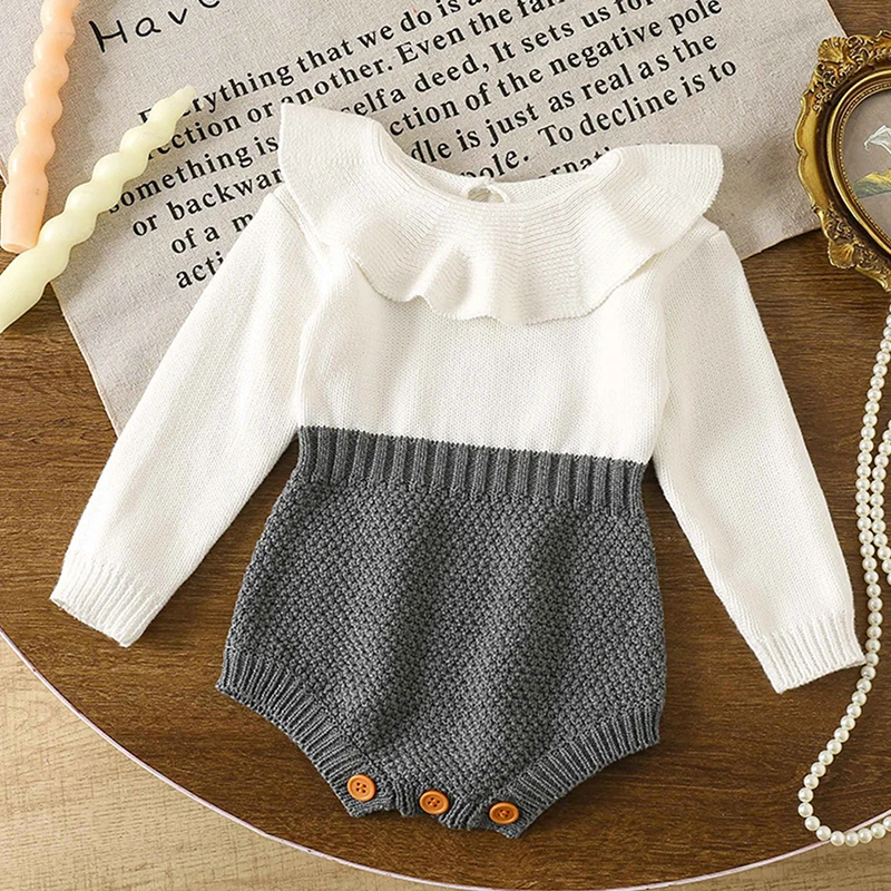 

2025 New Autumn Children Clothes Toddler Baby Girl Knitted Romper Long Sleeved Splicing Infant Baby Girls Knitted Jumpsuit