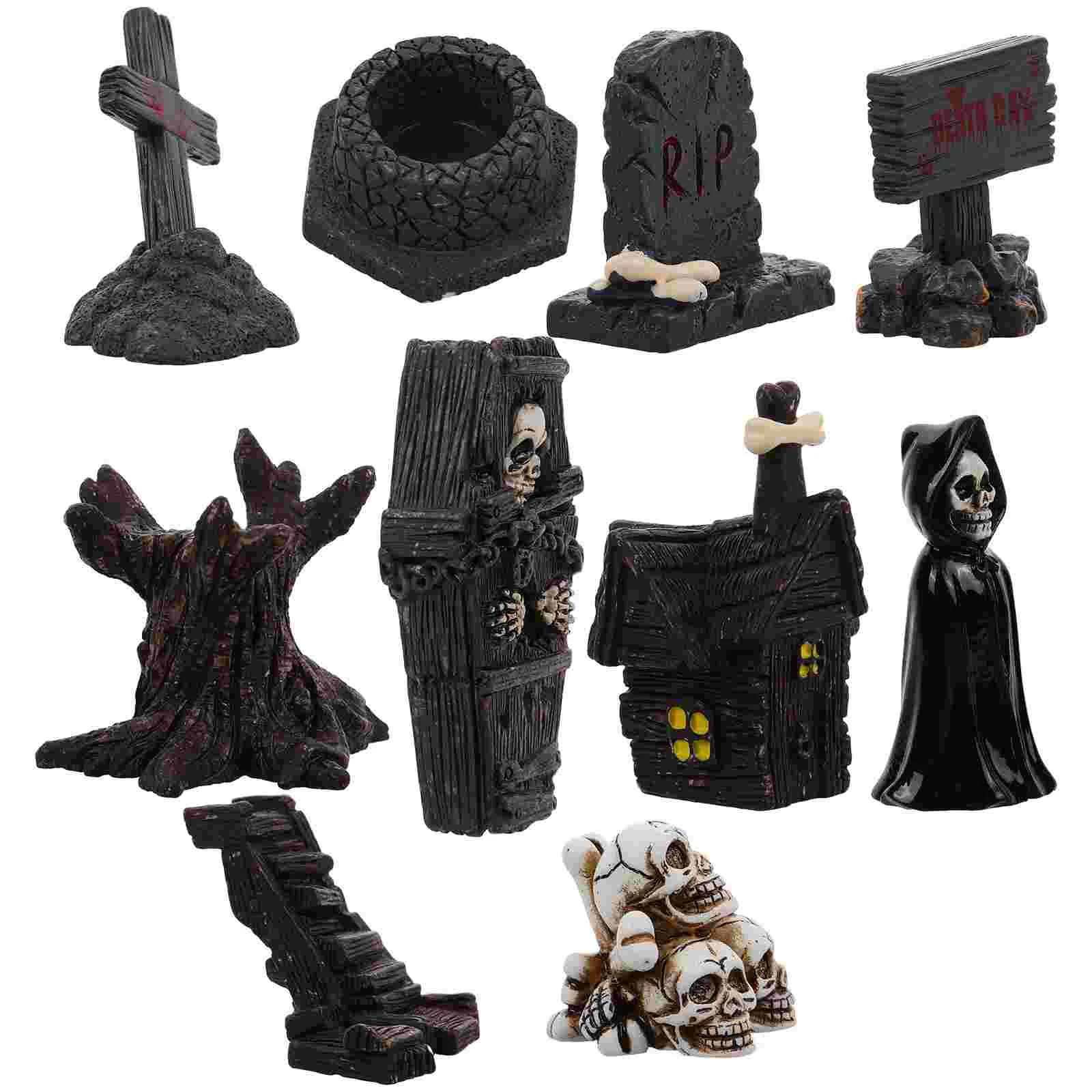 

10 Pcs Desktop Halloween Baubles Mini Tombstones Figurine Haunted House Resin Miniature Accessories