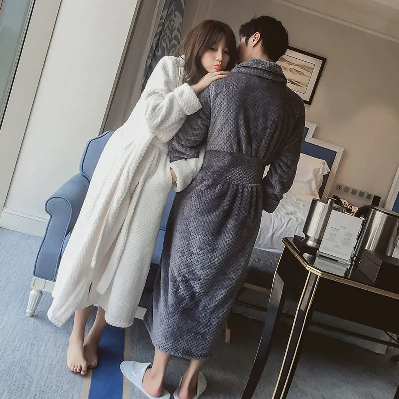 Thick Flannel Long Robe Sleepwear Winter Couple Nightwear Kimono Bathrobe Gown Loose Warm Coral Fleece Home Clothes Lounge wear