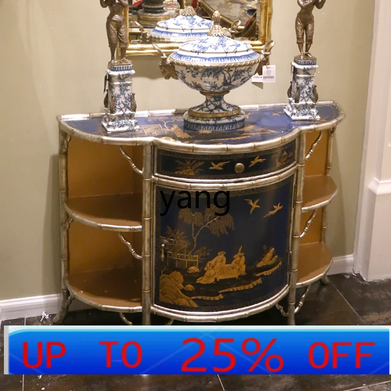 CX  French retro black luxury bamboo shape hand-painted flower and bird villa foyer solid wood entrance cabinet
