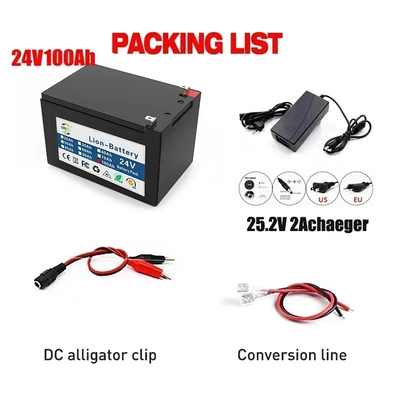 New 18650 24V 100Ah Lithium Ion Battery Pack,for Electric Vehicle Solar Storage Replacement Rechargeable Battery + Charger