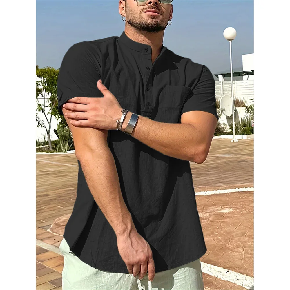 Sommer Heißer Verkauf männer Baumwolle Leinen T-shirt Henley Neck Casual Atmungsaktive Leichte Einfarbig Tasche Mode Taste Tops – Detail 15