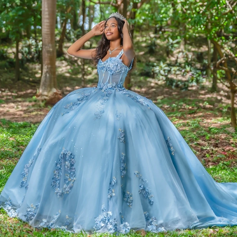 

Sky Blue Quinceanera Dresses Ball Gown Off The Shoulder Applique Lace Beading Corset Tull Sweet 16 Dress Vestidos 15 De Anos