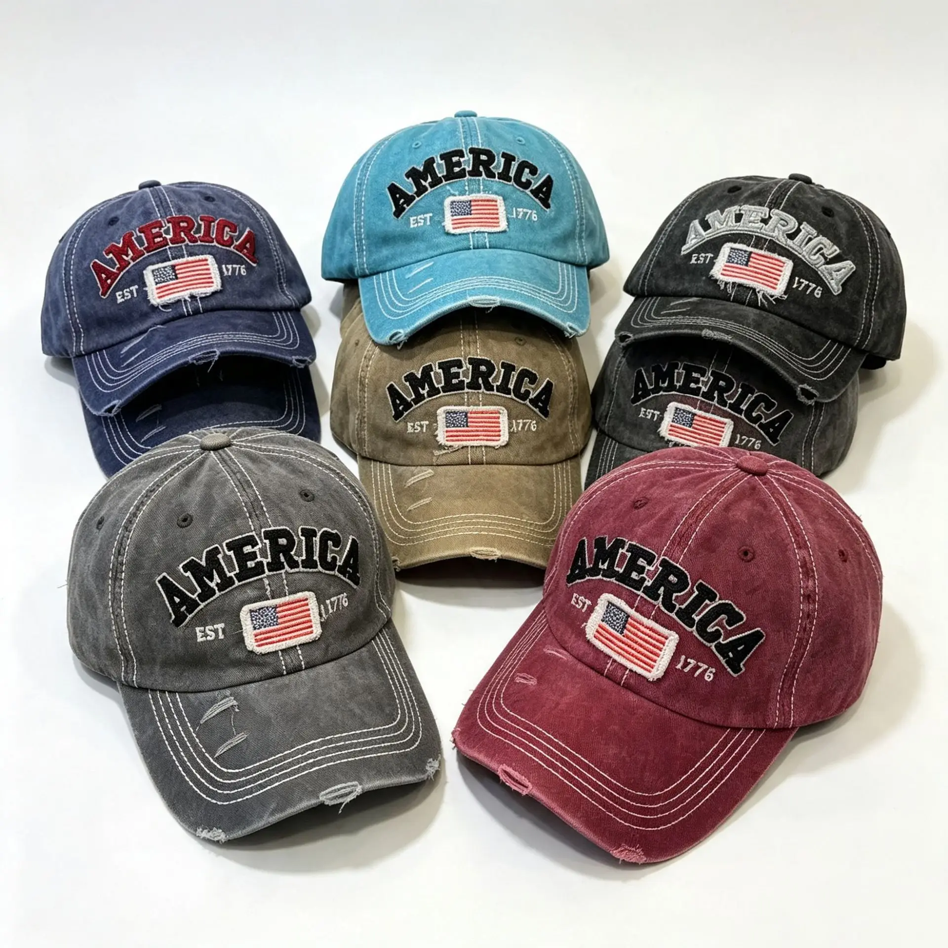 American American flag washed embroidery made old baseball cap retro denim ripped versatile soft top cap versatile hip hop hat