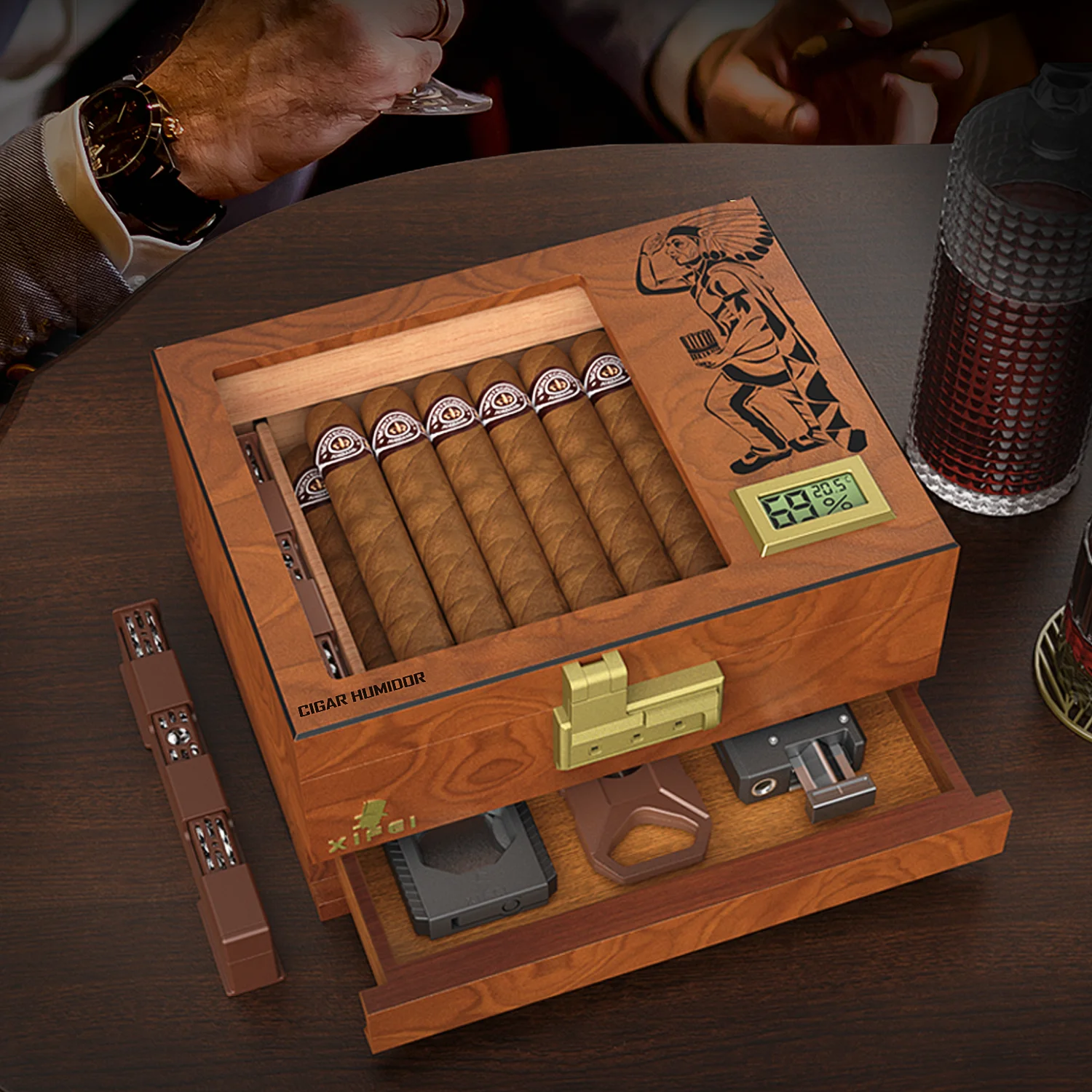 Cigar Humidor Box,Cedar Wood Desktop Cigar Case with Digital Hygrometer,Humidifier,Divider,Accessories Drawer & Combination Lock
