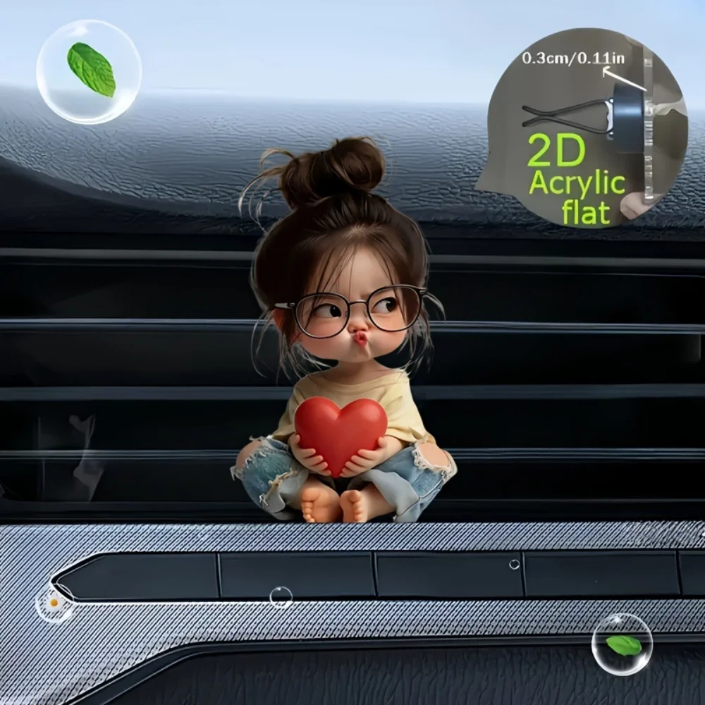 Lot de 5 figurines de fille aux lunettes tenant un cœur, en acrylique plat 2D, clip de ventilation de voiture, ornement de ventilation intérieure de voiture, cadeau pour couple