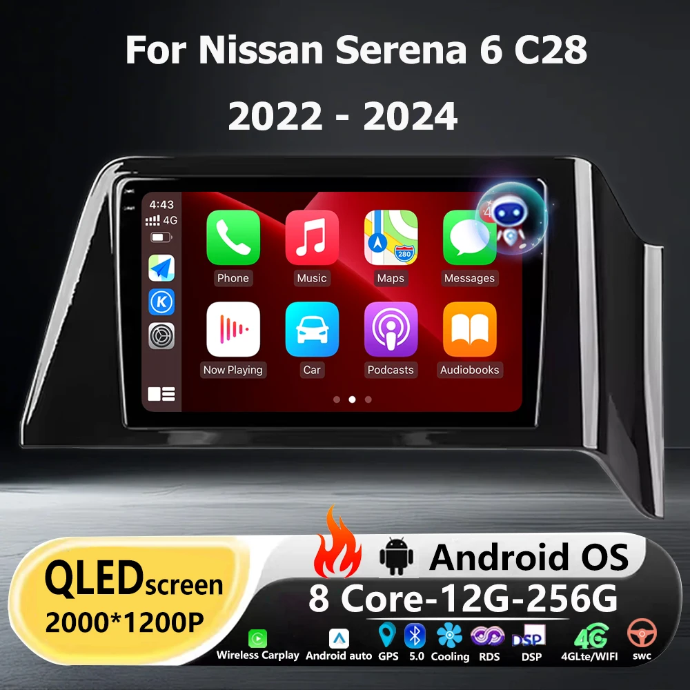Car Radio Multimedia Video Player GPS Navigation QLED Touch Screen For Nissan Serena 6 C28 2022-2024 Android 16 Auto Carplay BT