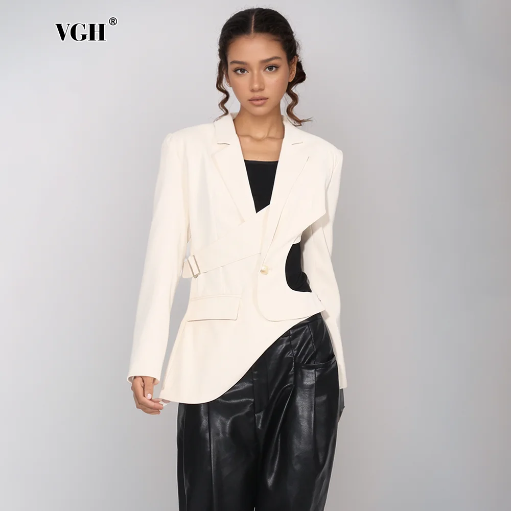 VGH High Street Hollow Out Solid Blazers For Women Notched Collar Long Sleeve Spliced Button Tunic Blazers Female Fashion New