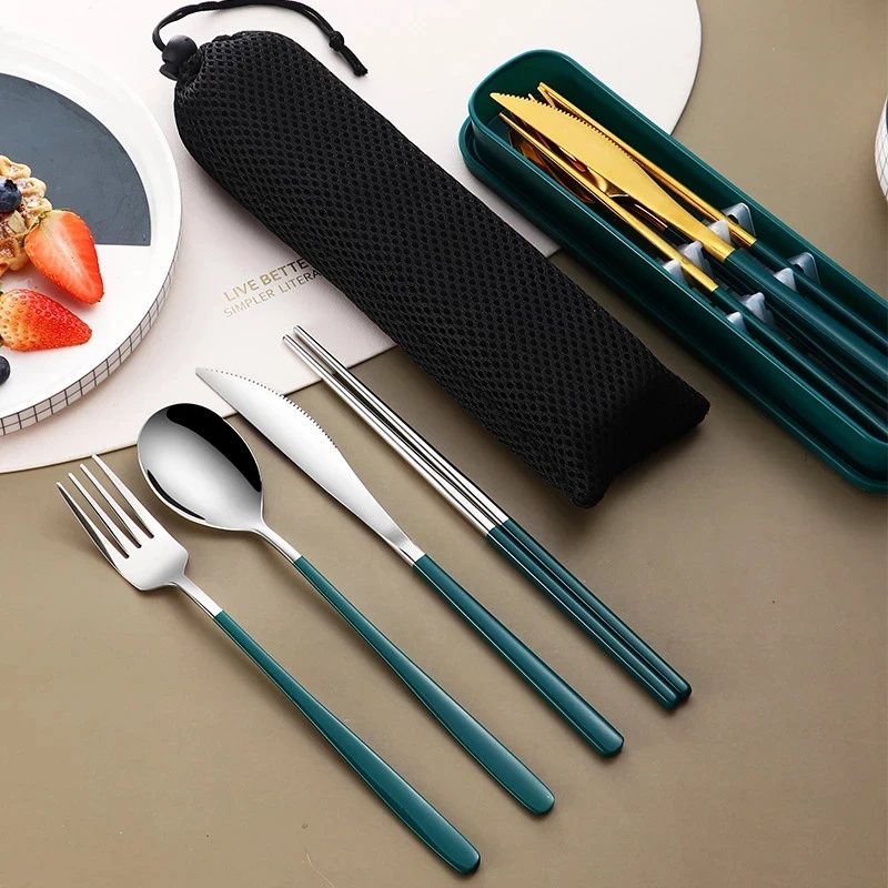 4Pcs Portable Tableware Set Stainless Steel Cutlery Eco Friendly Travel Dinnerware Box Kit Picnic Tableware Camping Flatware Set