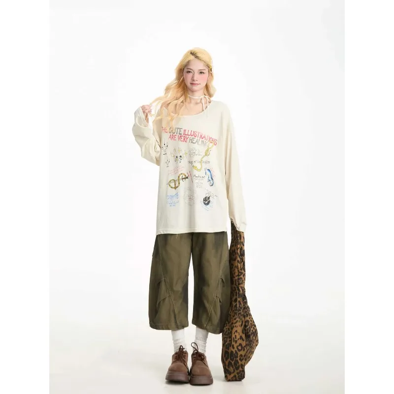Women's High-Waisted Loose Cargo Wide-Leg Capri Pants