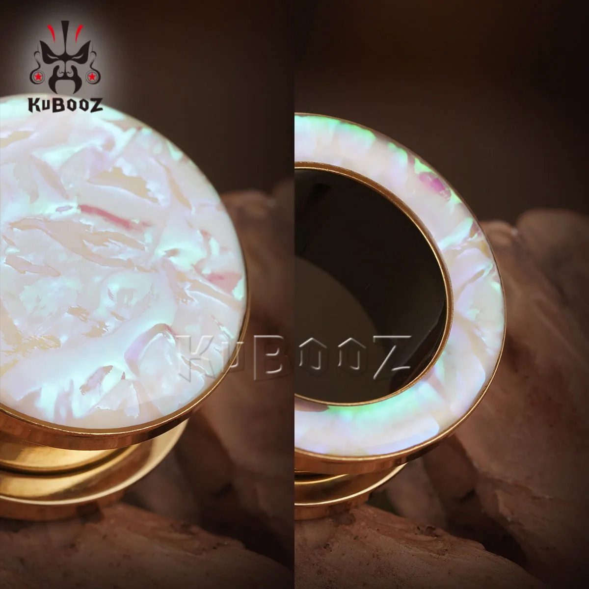 KUBOOZ Vergoldete Ohr-Tunnel-Plugs mit rosa schillernder Muscheleinlage, Edelstahl-Ohr-Dehner, Piercing-Schmuck, Geschenk – Detail 5