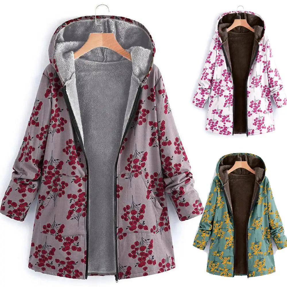 

Autumn Winter Street Sle Long Sve Hooded Thiened Cosite Cotton Jaet Printed Mid-Length Outerwear for Women