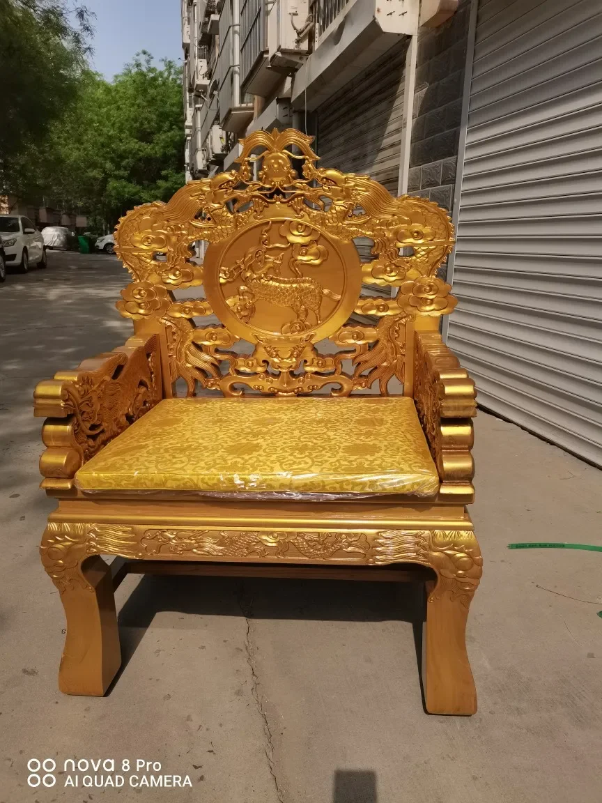 Elm wood gold-lacquered dragon chair, Grand Master's chair, boss  antique palace  nine-dragon throne throne, solid