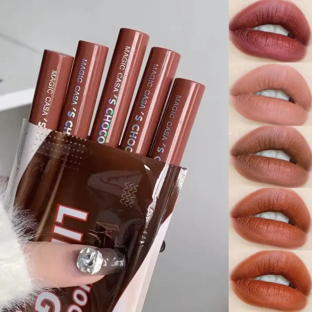 5Pcs Moisturizing Chocolate Lip Glaze Set Sweet Waterproof Liquid Lip Tint Non Fade Non-stick Cup Water Light Lip Gloss Women