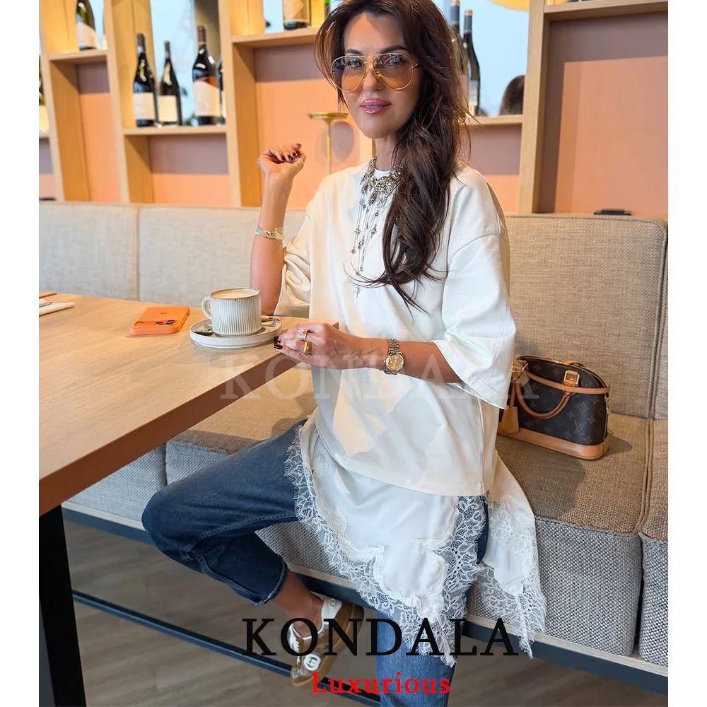 콘달라 캐주얼 시크 레이스 패치워크 티셔츠 여성용 O넥 반팔 루즈핏 여성 파티 탑 패션 2026 봄 Y2K 걸 시크 탑
