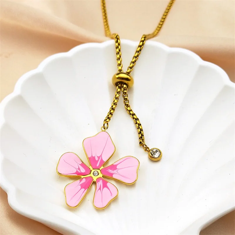 Sweet Pink Flower Pendant Long Chain Necklace for Women Enamel Stainless Steel Gold Color Aesthetic Y2K Jewelry Gift NZZZ394-1S0 image 2
