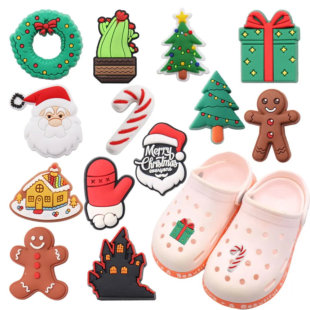 1pcs Merry Christmas Gift Cactus Tree Gingerbread PVC Shoe Charms Garden Shoes Button Decorations Hole Slipper Ornaments Bands