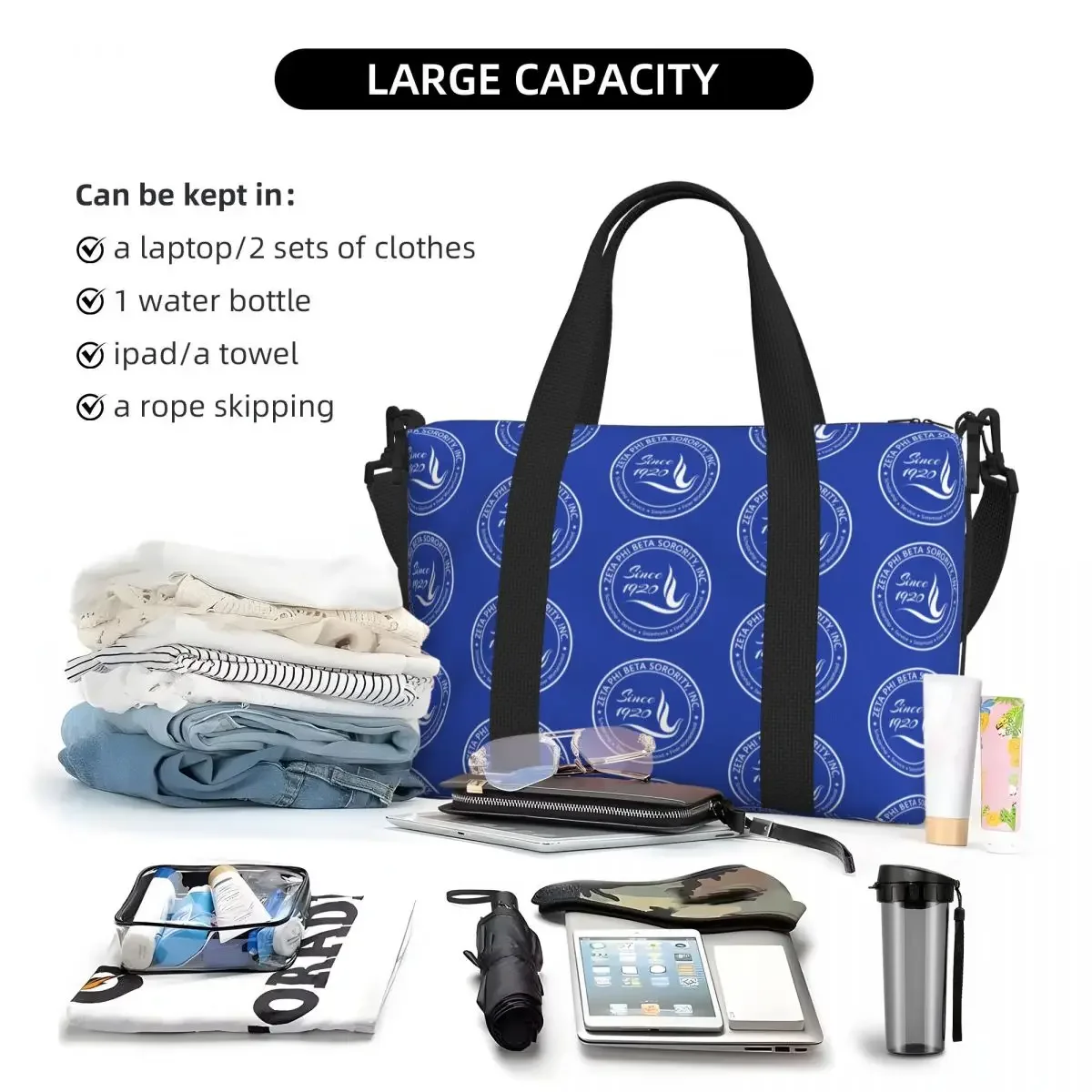 Custom Zeta Phi Beta Logo Blue Tote Bag Women Big Capacity Greek Letter 1920 ZOB Beach Gym Travel Bags