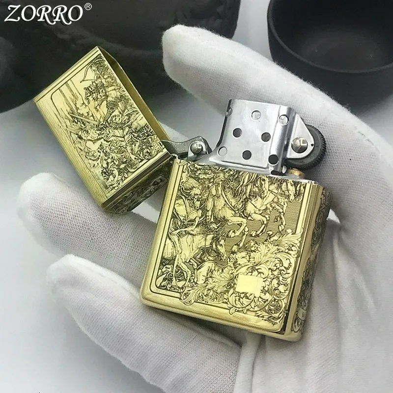 ZORRO New Tianqi Four Knights Kerosen Lighter Carved Windproof Grinding Wheel Flip Cover Flame Double Fire Gadgets for Men