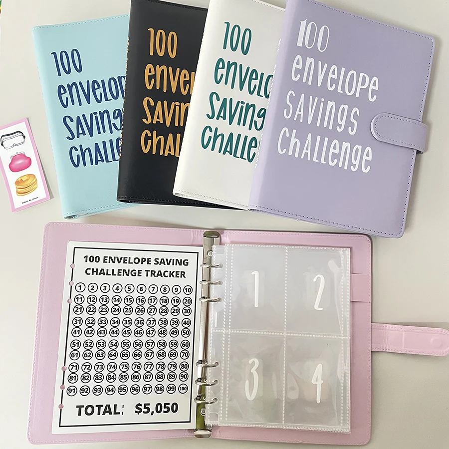 Sharkbang A5 PU 100 Envelope Saving Challenge Book,Binder Collect Book Set,25 Sheets 100 Pockets Number Sleeves, Full Set Holder