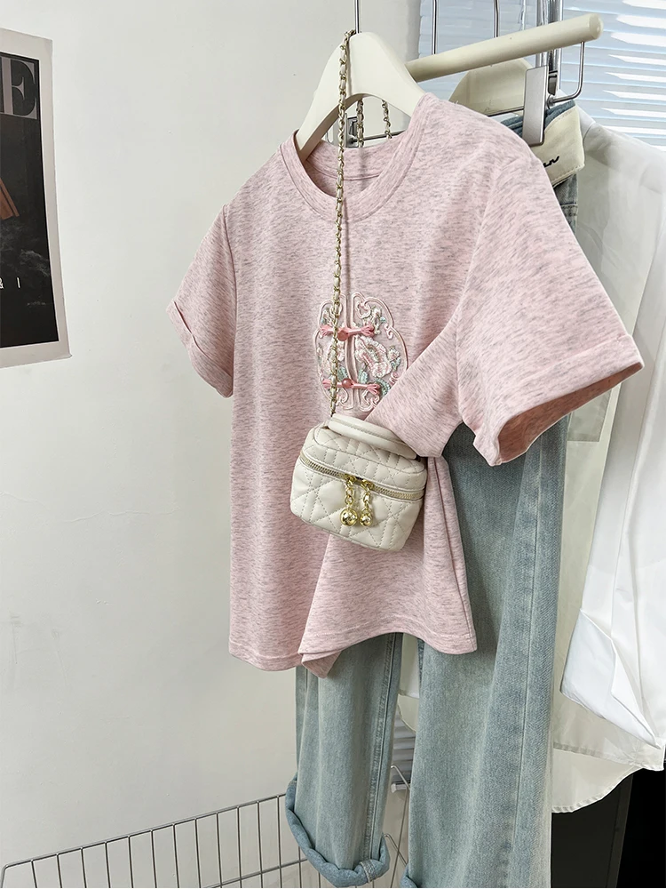 2024 Spring/Summer New Fashion Versatile T Shirts New Chinese Style Embroidered Short Sleeves Loose T-shirt Women Casual Top