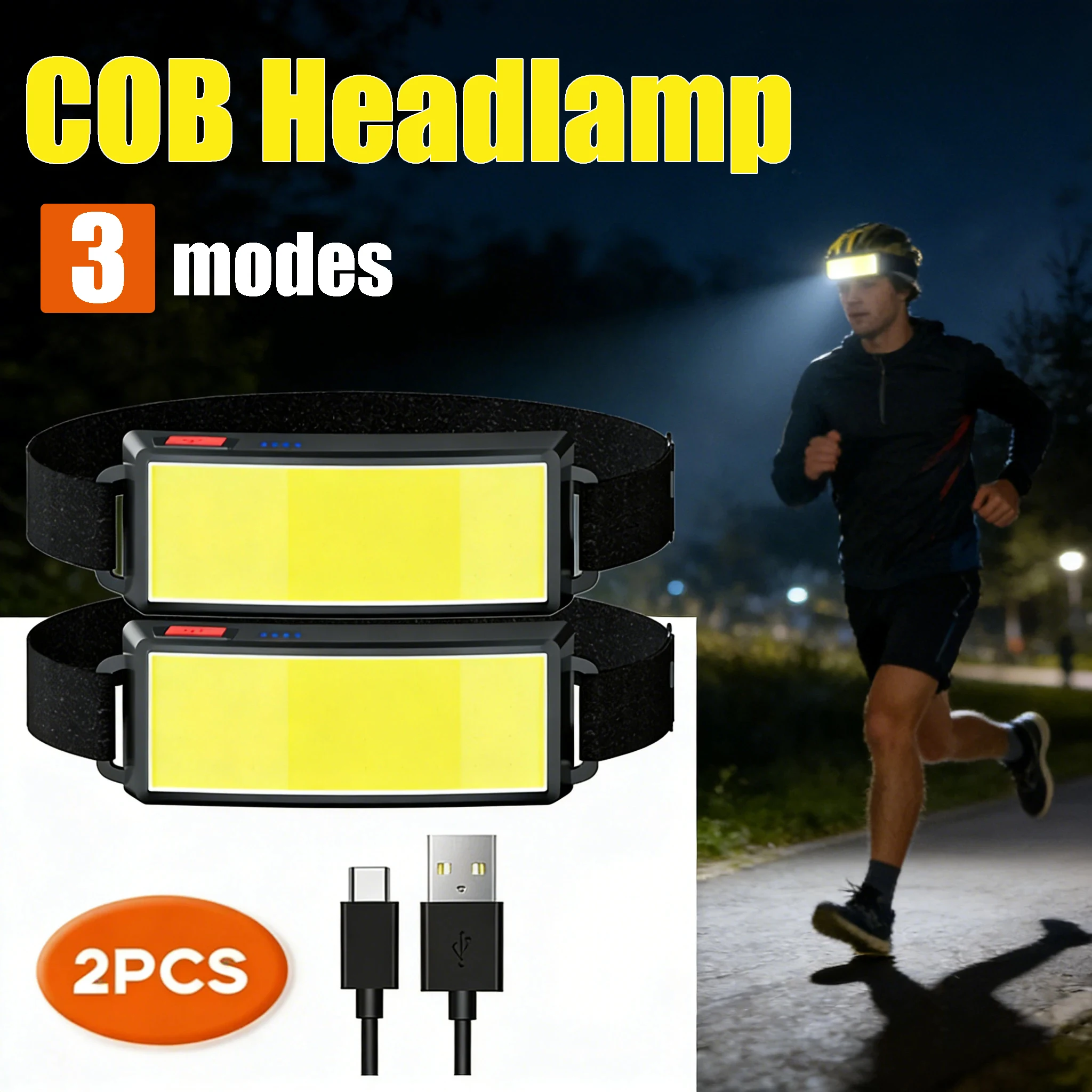 Powerful COB LED Headlamp Rechargeable Waterproof Head Lamp Adjustable Headband Head Light for Outdoor Running Cycling Fishing