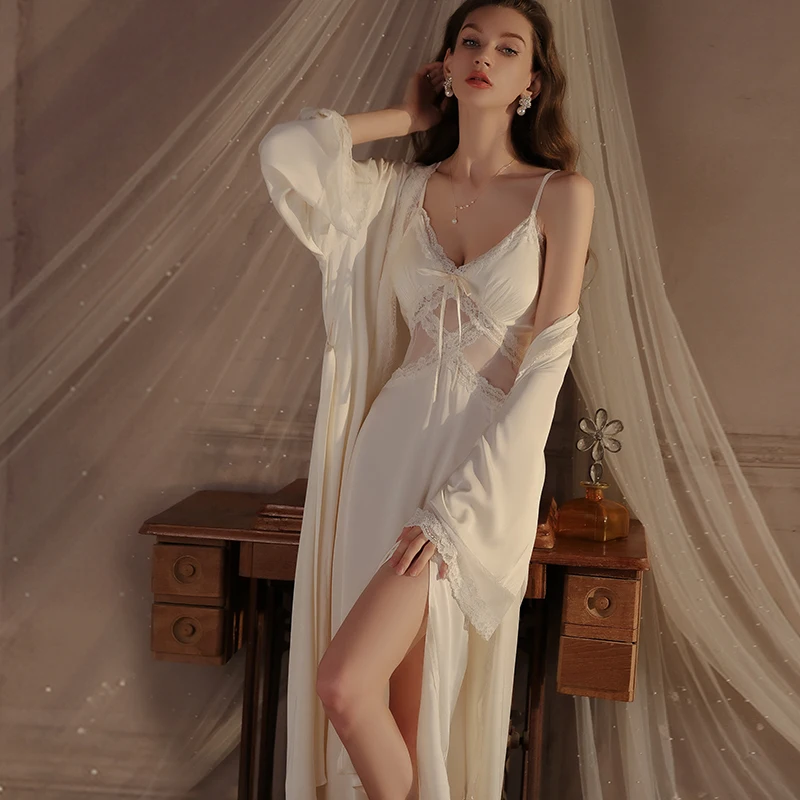 Women French Romantic Sling Nightdress With Built In Chest Pad And Court Style Robe Silky Ice Silk Two Piece Premium Sleepwear