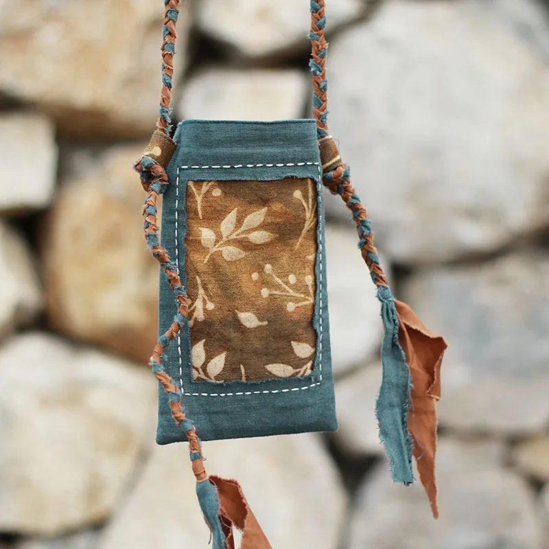 Handmade Patchwork Wax Dyeing Retro Artistic Mobile Phone Bag Plant Dyed Cotton Linseed Coin Slant Cross Small Bag