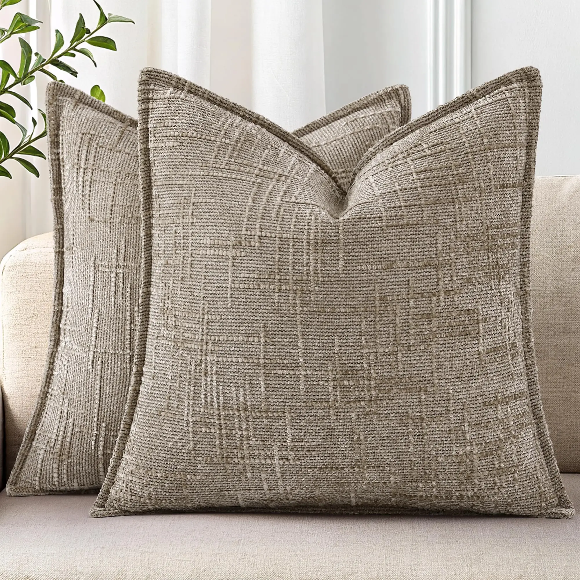 Chenille Throw Pillow Covers Set of 2, Thick Textured Slubby Neutral Decorative Pillow Covers with Elegant Design for Couch,Sofa