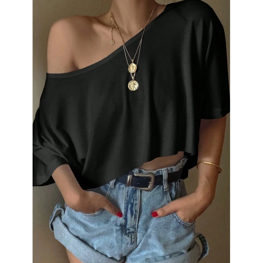 Sexy Short Casual Women's T-shirt 2025 Cross-Border Fashion Loose Fit Polyester Fabric Short Sleeve Pure Color Top