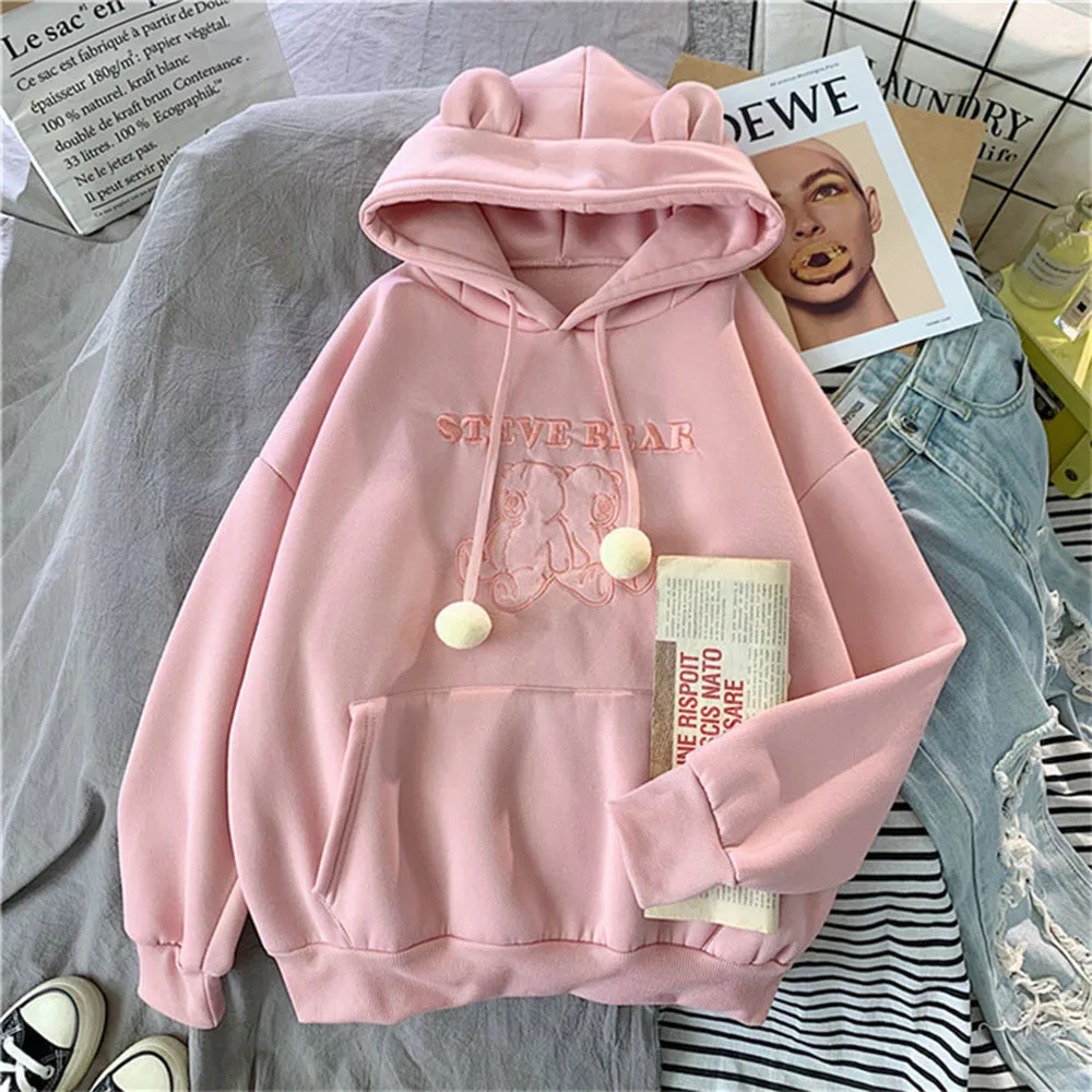 

Autumn Winter Kawaii Hoodies Women Cute Bear Print Sweatshirt Jacket Casual Hooded Ear Female Loose Lovely Sweatshirts Coats