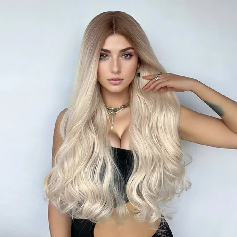 Blonde Long Wavy Wig Ombre Synthetic Wig for Women Middle Part Soft Wig Hight Density Natural Daily Party Cosplay Use