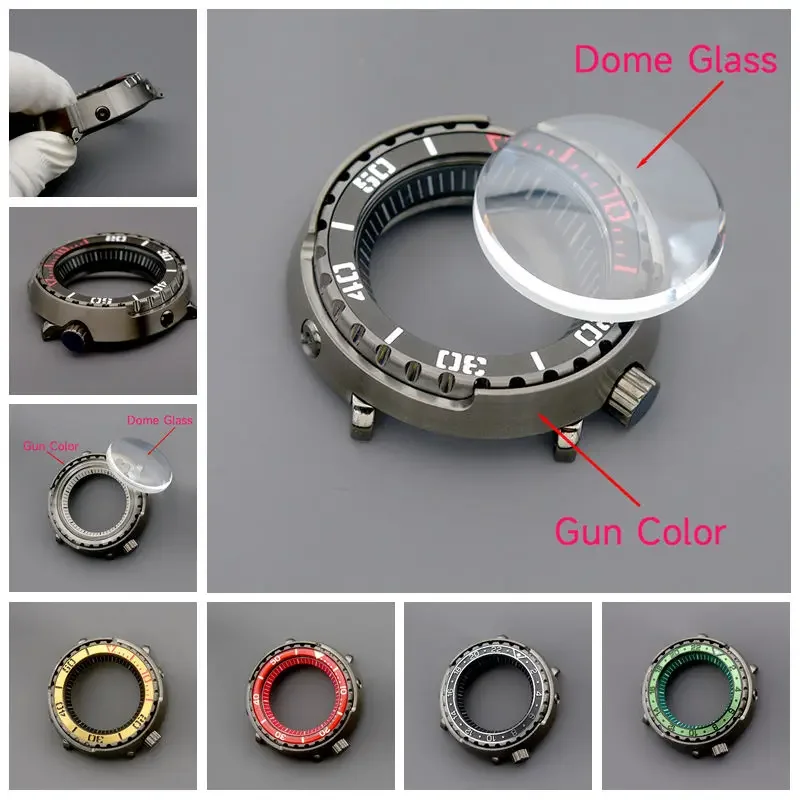Arma cor atunas caixa de relógio enlatada com cor cinza caber nh34 nh35 nh36 peças relógio aço inoxidável cúpula cristal safira