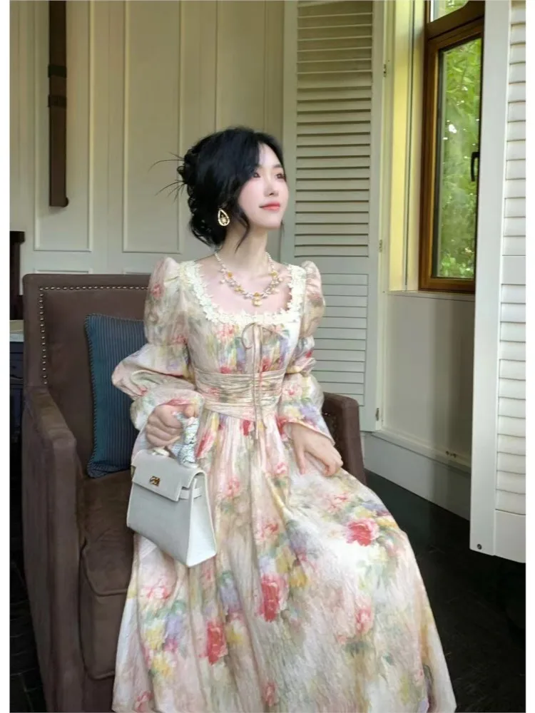 Vintage Painting Printed Long Dress Women French New Square Collar Lantern Sleeve Midi Dresses Casual Lace-up Lady Vestidos