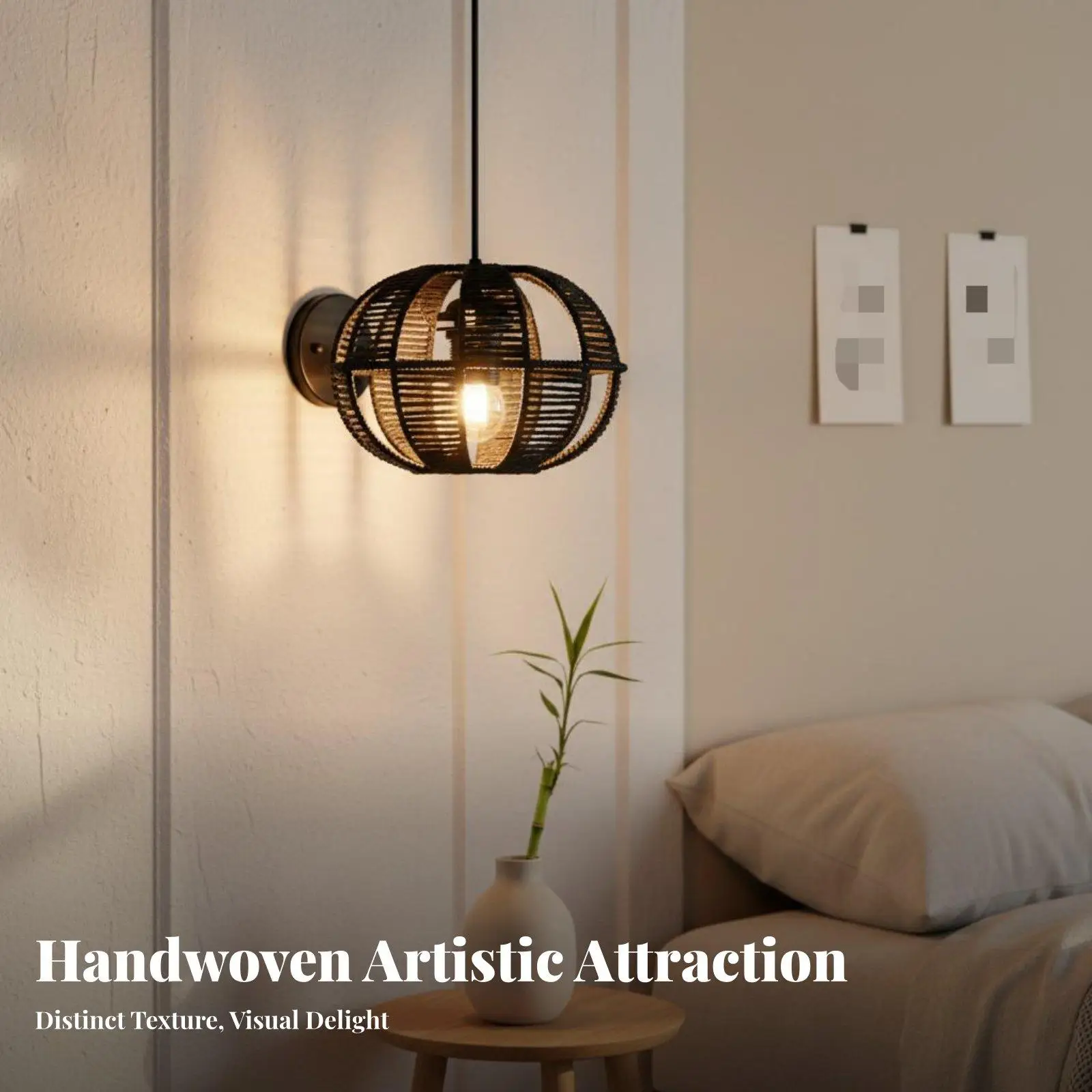 Rustic Woven Lampshade Pendant Lamp Rattan Ceiling Light Paper Rope Shade for Lounge Cafe Warm Earthy Texture Fixture
