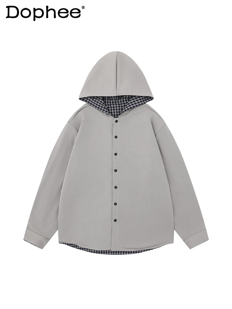 

Japanese Style INS Retro Reversible Hooded Plaid Shirt Jacket Autumn Simple Loose Casual Long Sleeve Shirt for Men