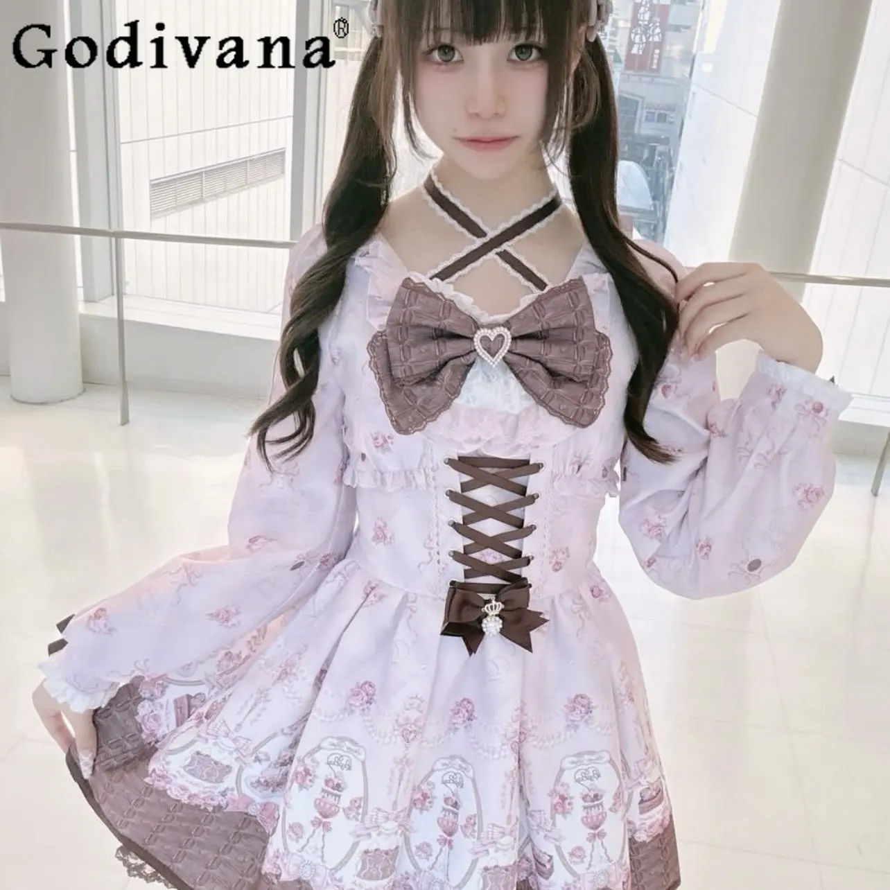 

Japanese Sweet Liz Cute Girl Cross Halter Long Sleeve OP Dress Bowknot Daily Casual Commuting Versatile Dress