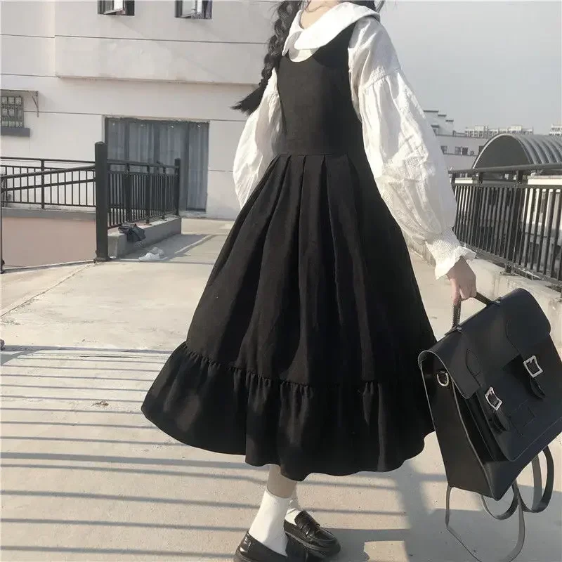 Vestidos maxi de verão camisas para mulheres casuais kawaii roupas de fadas manga longa vestido de alça lolita harajuku cottagecore robe