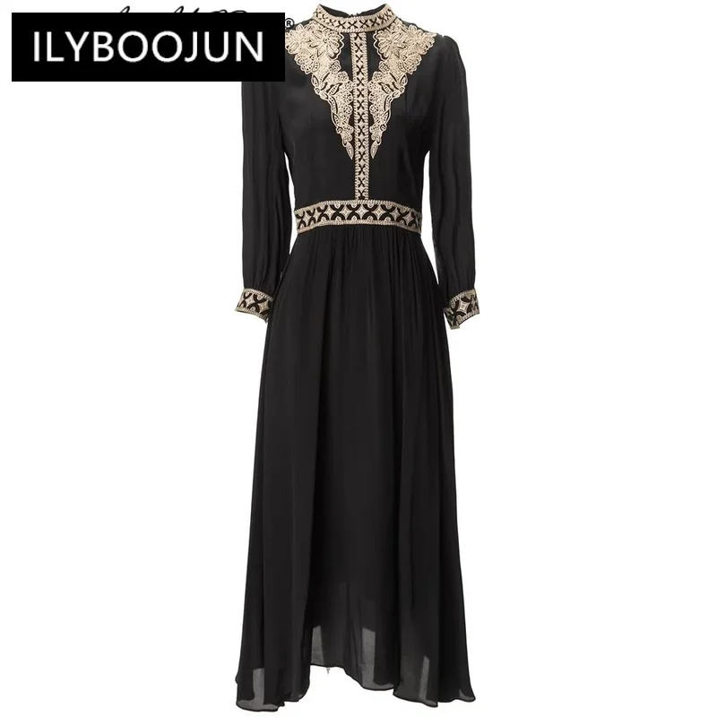 

ILYBOOJUN Fashion Designer Summe Embroidery Dress Women's Stand Collar 3/4 Sleeve Black Vintage Party Dresses