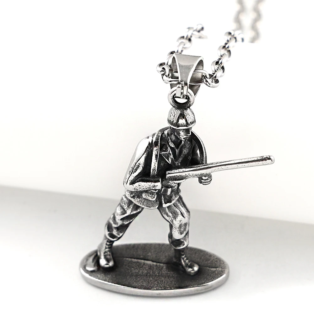 Classic Army Standing Soldier Hold Rifle Pendant Necklace for Women Men 316L Stainless Steel Military Biker Chain Jewelry Gift