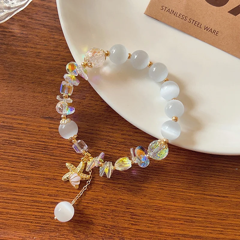 

Starfish/Square/Zircon Ball/Animal Pendant Sparkly Crystal Cat's Eye Stones Stretch Beaded Bracelet Women Fashion Jewelry 1611