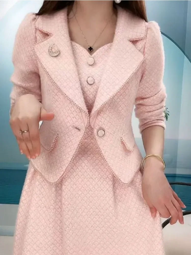 Insozkdg New Arrival Autumn Winter Office Ladies Formal Jacket and Skirt Suit Elegant Women Pink Apricot Two Piece Set Blazer