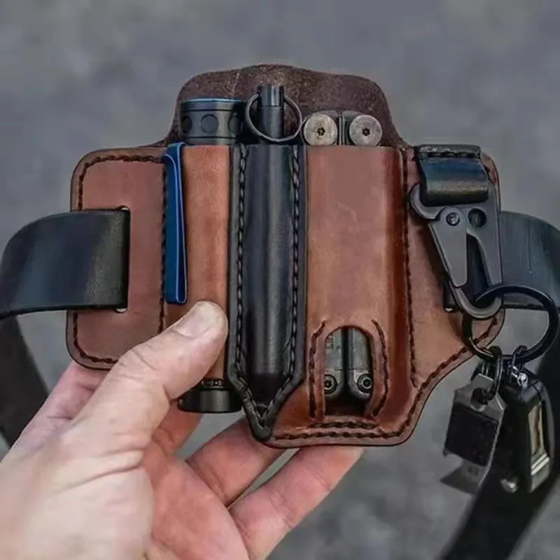 EDC Leather Multi-Tool Holster Flashlight Holster Handmade 3 Pocket Organizer Tactical Pen Holster Leather EDC Pocket Organizer