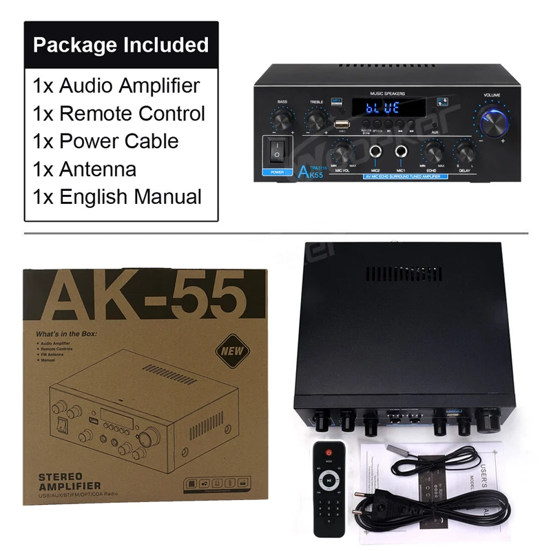 Woopker Amplifier AK55 900W Max 2.0 Channel Rated 70W+70W Bluetooth Audio Hifi AMP Karaoke Music Player Support 110V 220V 12V